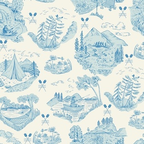 LARGE: Lake Life in Toile de Jouy: Tales of Lakeside Fun in blue and cream