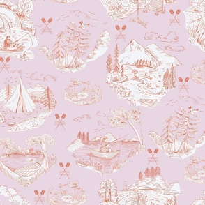 LARGE:Lake Life in Toile de Jouy: Tales of Lakeside Fun in pink and red