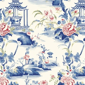 Red and Green Detail Blue China Chinoiserie Moon Garden with Water and Pagoda