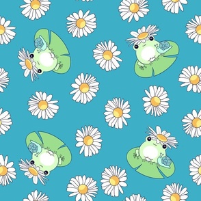 Cute frogs and daisies on teal large scale