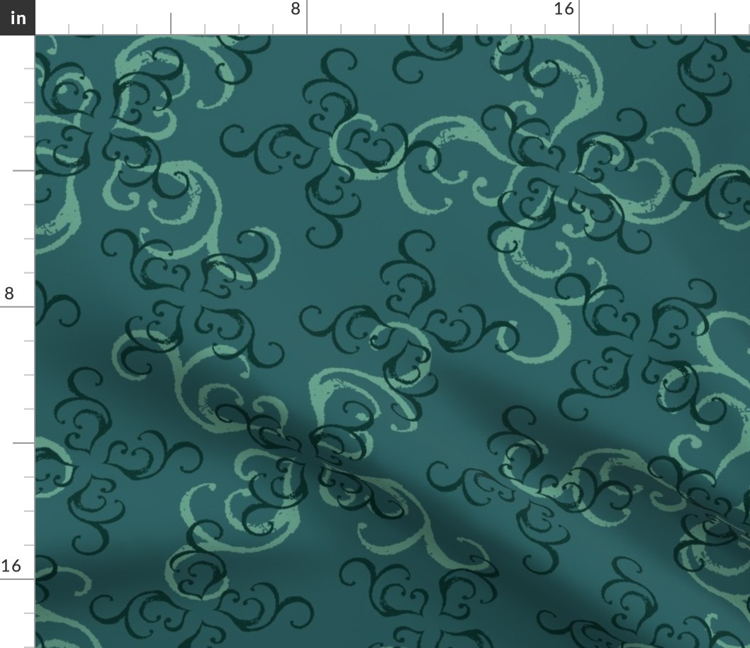 Pastel goth style pattern with calligraphy swirls in dark green and green “The Witching Hour”