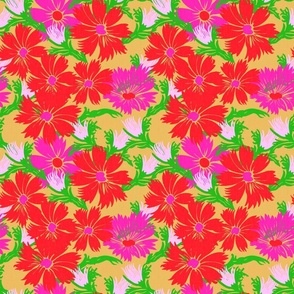 Mini Festive Flower Burst Garden Flowers In Red And Pastel Pink On Luxe Gold Retro Modern Scandi Maximalist Scandi Bright Holiday Layered Overlay Screenprint Floral Pattern
