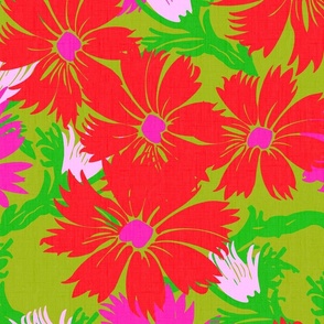 Big Festive Flower Burst Garden Flowers In Red And Pastel Pink On Luxe Green Retro Modern Scandi Maximalist Scandi Bright Holiday Layered Overlay Screenprint Floral Pattern