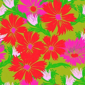 Festive Flower Burst Garden Flowers In Red And Pastel Pink On Luxe Green Retro Modern Scandi Maximalist Scandi Bright Holiday Layered Overlay Screenprint Floral Pattern