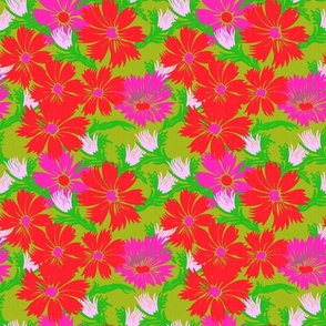 Mini Festive Flower Burst Garden Flowers In Red And Pastel Pink On Luxe Green Retro Modern Scandi Maximalist Scandi Bright Holiday Layered Overlay Screenprint Floral Pattern