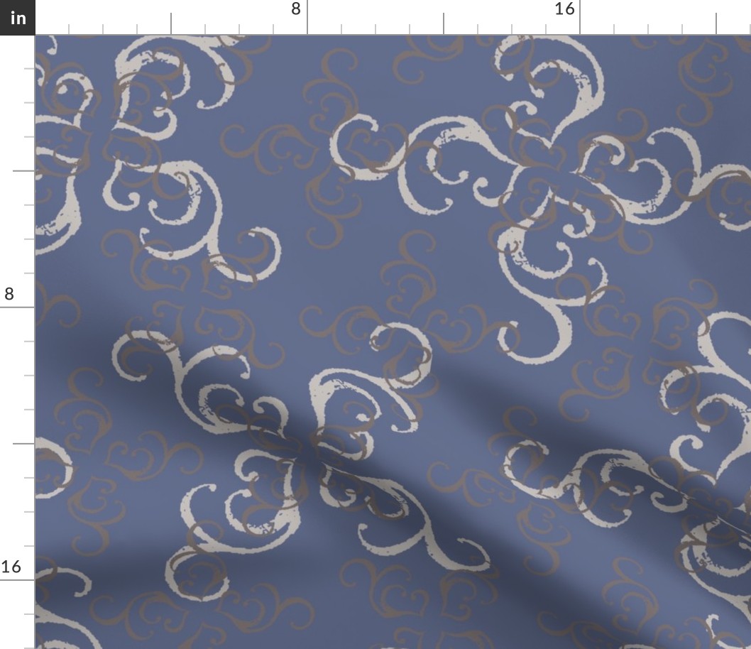 Pastel goth style pattern with calligraphy swirls in blue, fawn and cream “The Witching Hour”