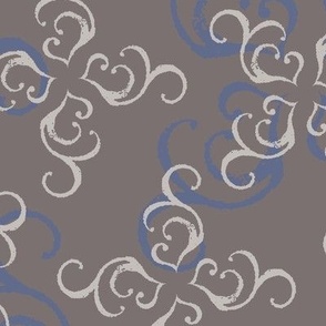 Neoclassical romantic gothic style design with textured calligraphy swirls in fawn, cream and dusty blue “The Witching Hour”
