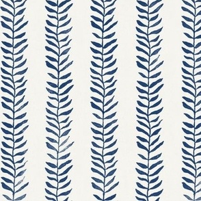 Botanical Block Print, Atlantic Blue on Cream | Leaf pattern wallpaper and fabric from original block print, natural, coastal decor, plant print, dark blue, navy blue and cream.
