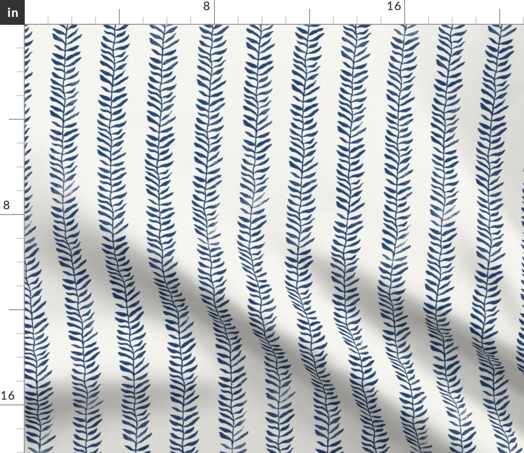 Botanical Block Print, Atlantic Blue on Cream | Leaf pattern wallpaper and fabric from original block print, natural, coastal decor, plant print, dark blue, navy blue and cream.