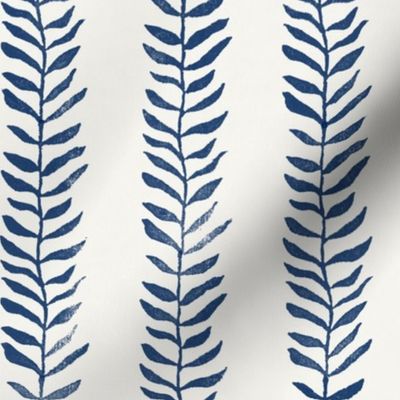 Botanical Block Print, Atlantic Blue on Cream (large scale) | Leaf pattern wallpaper and fabric from original block print, natural, coastal decor, plant print, dark blue, navy blue and cream.