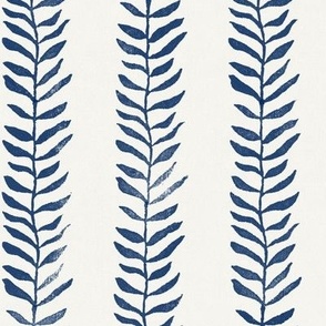 Botanical Block Print, Atlantic Blue on Cream (large scale) | Leaf pattern wallpaper and fabric from original block print, natural, coastal decor, plant print, dark blue, navy blue and cream.