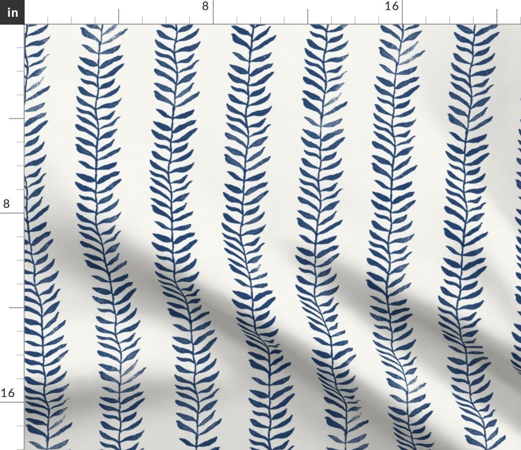 Botanical Block Print, Atlantic Blue on Cream (large scale) | Leaf pattern wallpaper and fabric from original block print, natural, coastal decor, plant print, dark blue, navy blue and cream.