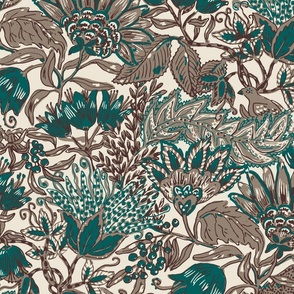 Indian Floral Chintz Autumn grey/ teal (Large) 