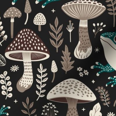 Mushrooms & Frogs, Toads & Toadstools, dark and moody forest floor autumn fall pattern