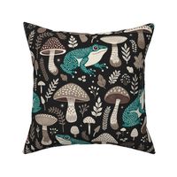 Mushrooms & Frogs, Toads & Toadstools, dark and moody forest floor autumn fall pattern