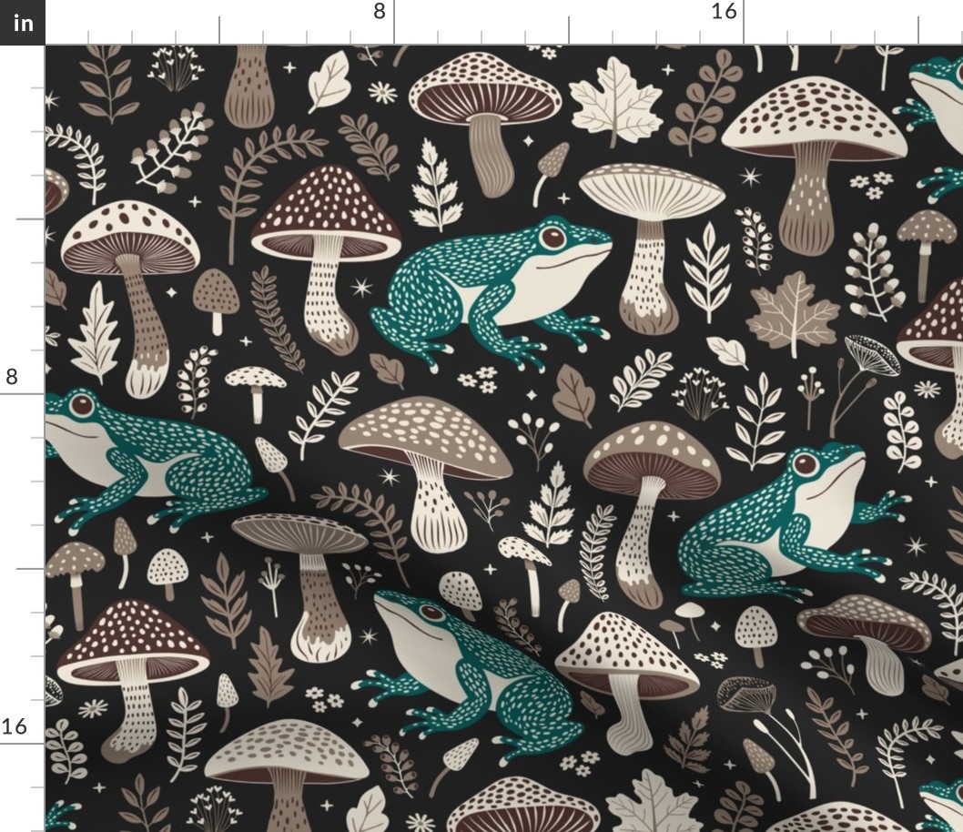 Mushrooms & Frogs, Toads & Toadstools, dark and moody forest floor autumn fall pattern