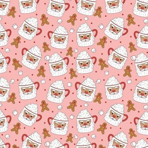 Santa Mugs, Hot Cocoa, Marshmallows, and Gingerbread Men-pink, red, white, and white, Christmas Fabric,  Santa Fabric, Brown Santa