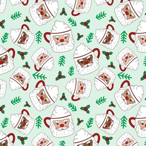 Santa Mugs with Whipped Cream, Holly, and Minimal Trees – mint green, Christmas Fabric, Santa Fabric