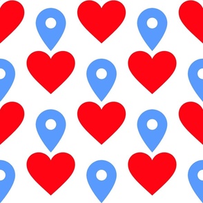 Drop Pin Heart Blue And Red Symbols On White Icon Graphic Modern Abstract Minimalist Mid-Century Scandi Love Map Half-Drop Pattern