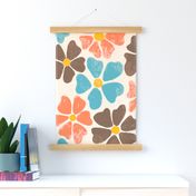 Vintage Flower Power, Coral Teal and Brown on cream, Summer, jumbo scale