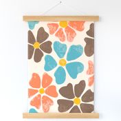 Vintage Flower Power, Coral Teal and Brown on cream, Summer, jumbo scale