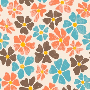 Vintage Flower Power, Coral Teal and Brown on cream, Summer, jumbo scale