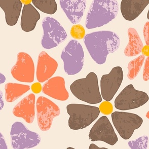 Vintage Flower Power, Lilac Coral and Brown on cream, Summer, jumbo scale