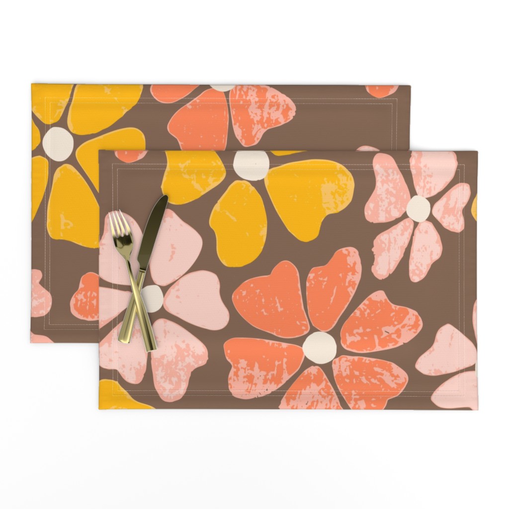 Vintage Flower Power, Yellow Coral and pink on brown, Summer, jumbo scale