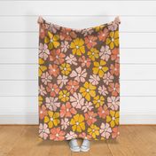 Vintage Flower Power, Yellow Coral and pink on brown, Summer, jumbo scale