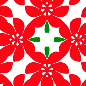 Big Red Poinsettia Flowers Retro Dutch Modern Scandi Vintage Christmas Holiday Minimalist Geometric Floral Tile Quilt Pattern