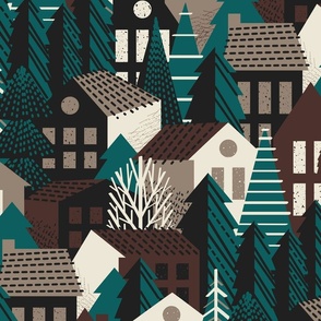 Large jumbo scale // Winter village // night swim green molasses brown panna cotta and morel beige cozy houses and pine trees 