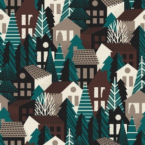 Winter village // normal scale // night swim green molasses brown panna cotta and morel beige cozy houses and pine trees