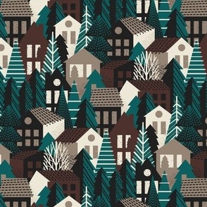 Small scale // Winter village // night swim green molasses brown panna cotta and morel beige cozy houses and pine trees 