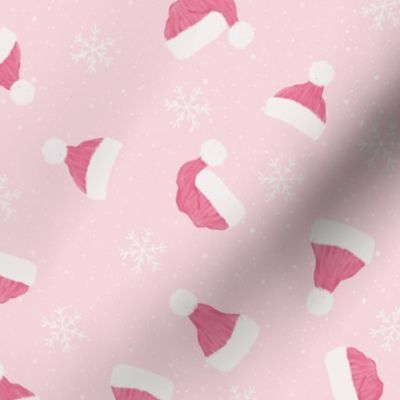Santa Hats and Snowflakes-pink and white, Christmas Fabric