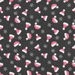 Santa Hats and Snowflakes- pink, white, and charcoal, Christmas Fabric