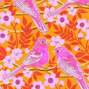 Birds in Hot Pink on Bright Orange with Grunge Texture Large