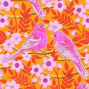 Birds in Hot Pink on Bright Orange with Grunge Texture Medium
