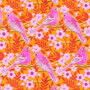 Birds in Hot Pink on Bright Orange with Grunge Texture Small