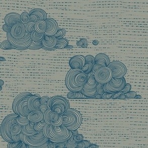 Whimsical Clouds With Hatched Background (Blue on Khaki)