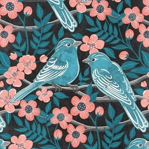 Birds in Teal Blue and Coral Pink with Grunge Texture Medium