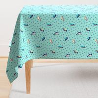 (M) Bright Ditsy Birds and Bird Tracks Folk Art Teal