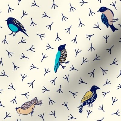 (M) Bright Ditsy Birds and Bird Tracks Folk Art Pale Yellow