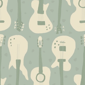 Self-expression large - Hand drawn guitars in soft natural colours on sage green background