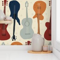 Self-expression large - Hand drawn guitars in mid century modern colours on cream beige background