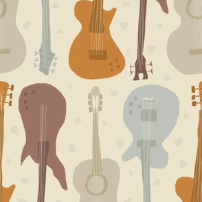 Self-expression large - Hand drawn guitars in earthy neutral colours on cream beige background