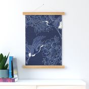 Large // Japanese cranes, peonies and clouds on navy