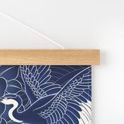 Large // Japanese cranes, peonies and clouds on navy