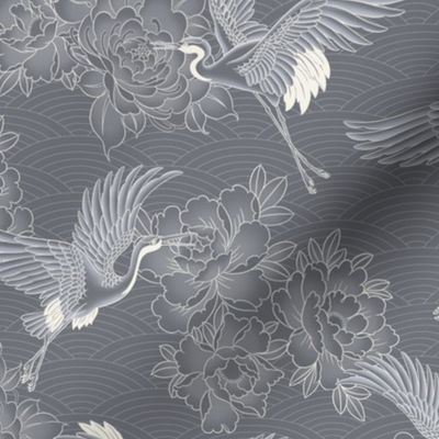 small // Japanese cranes, peonies and clouds on grey