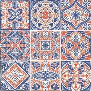 Portuguese mosaic tiles -  playful teraccota orange and cobalt blue (1tile - 3 inches/7.5 cm)