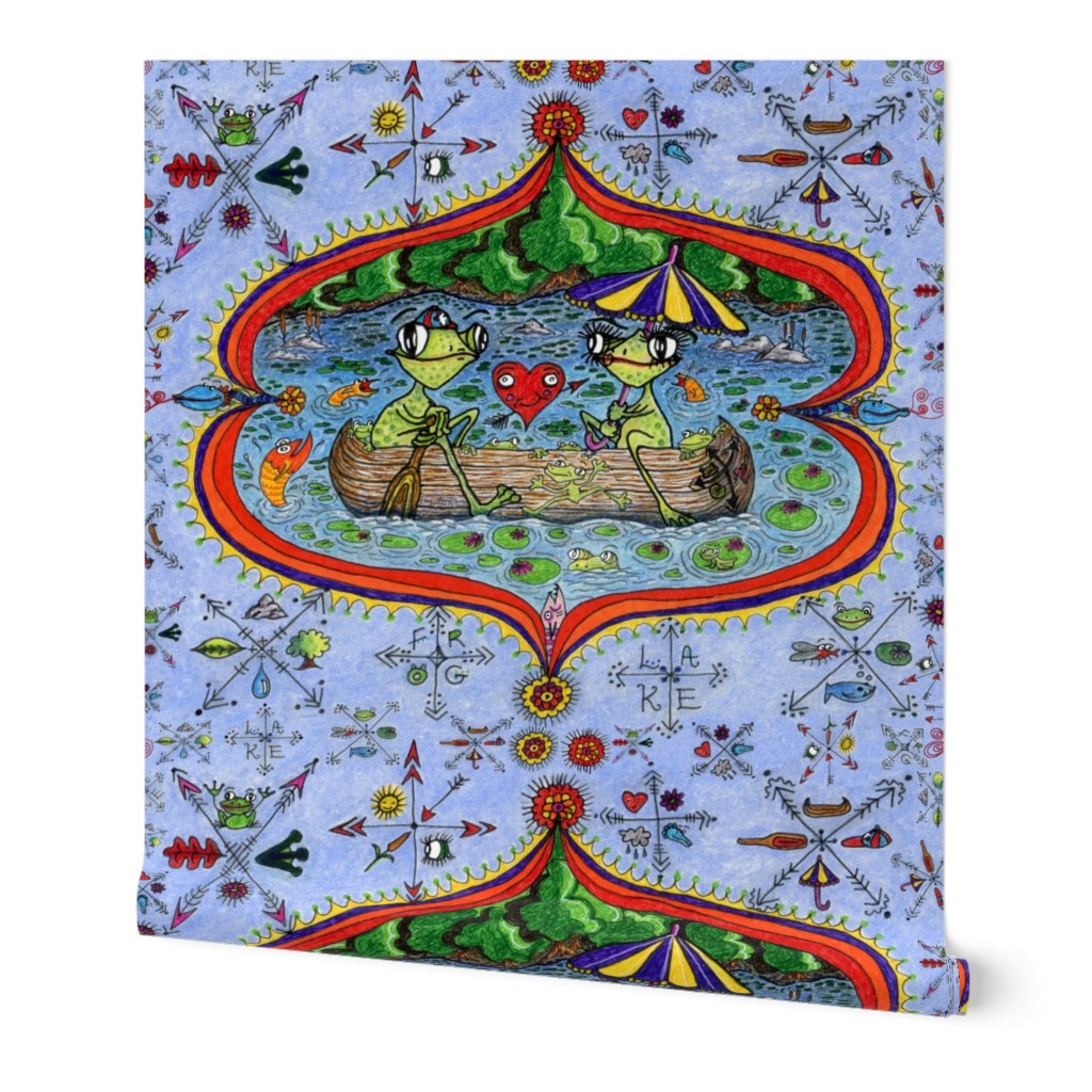 surreal lake life: frog love wallpaper, jumbo large scale, damask red orange yellow green blue indigo violet cabincore colorful canoe quirky compass rose